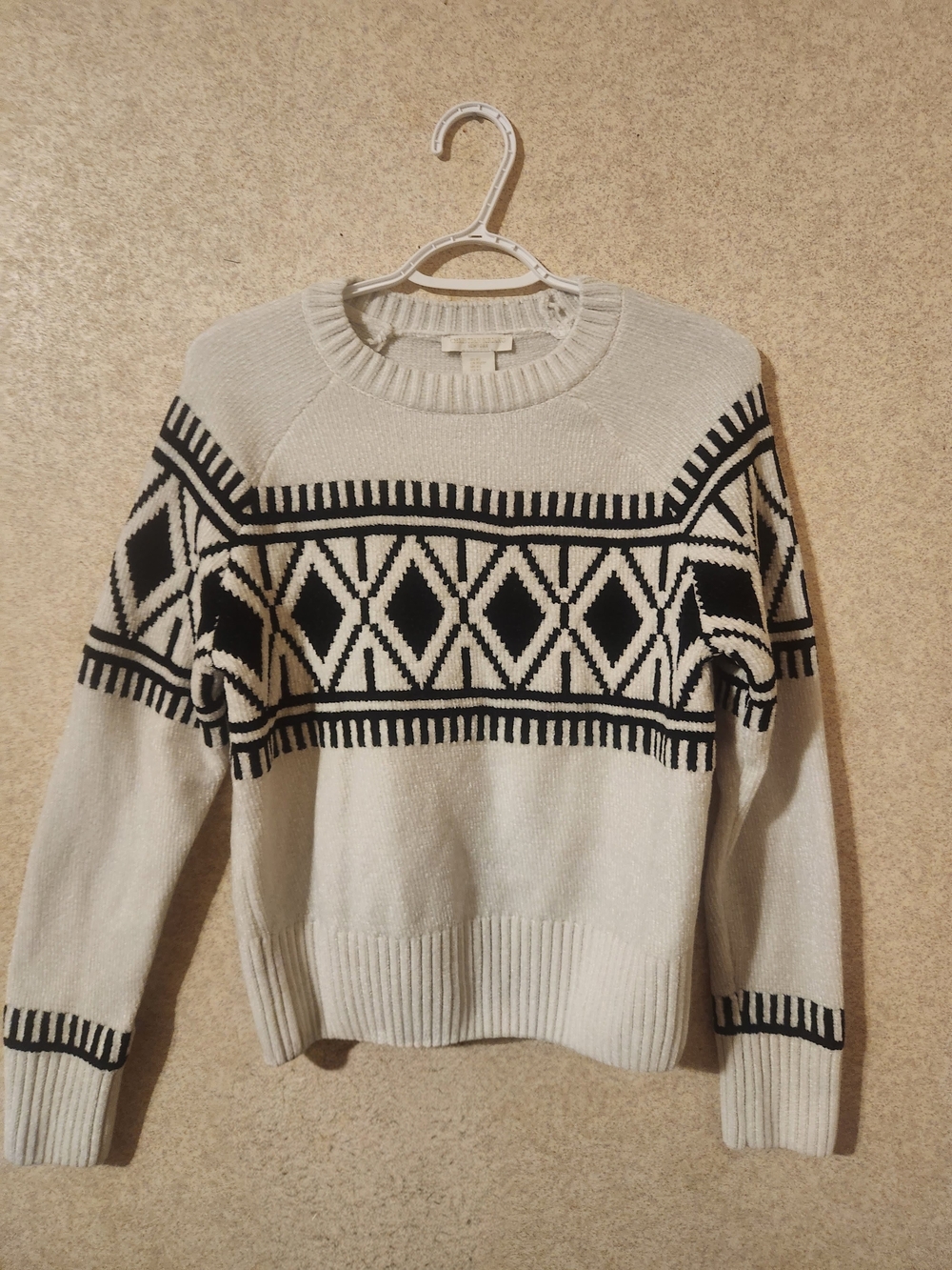 Christian Siriano Cream and Black Geometric Crewneck Sweater